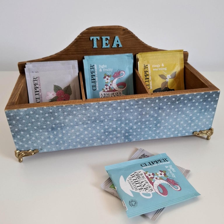 Decoupaged Wooden Tea Box, Blue Polka Dot Design, 3-Compartment Storage
