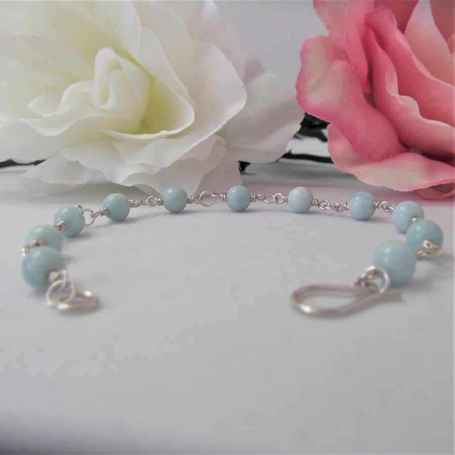 Amazonite gemstone bead bracelet with recycled sterling silver wire wrapped link