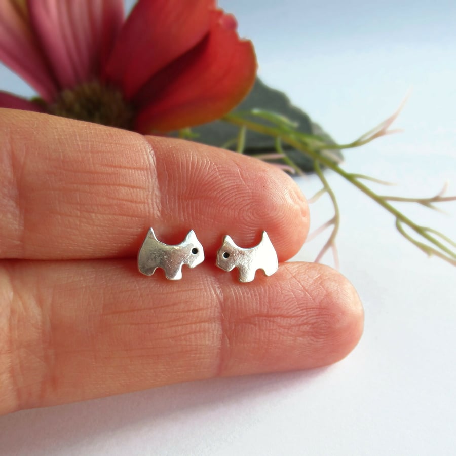 Fine Silver Cute Dog Earrings - Tiny Terrier Stud Earrings