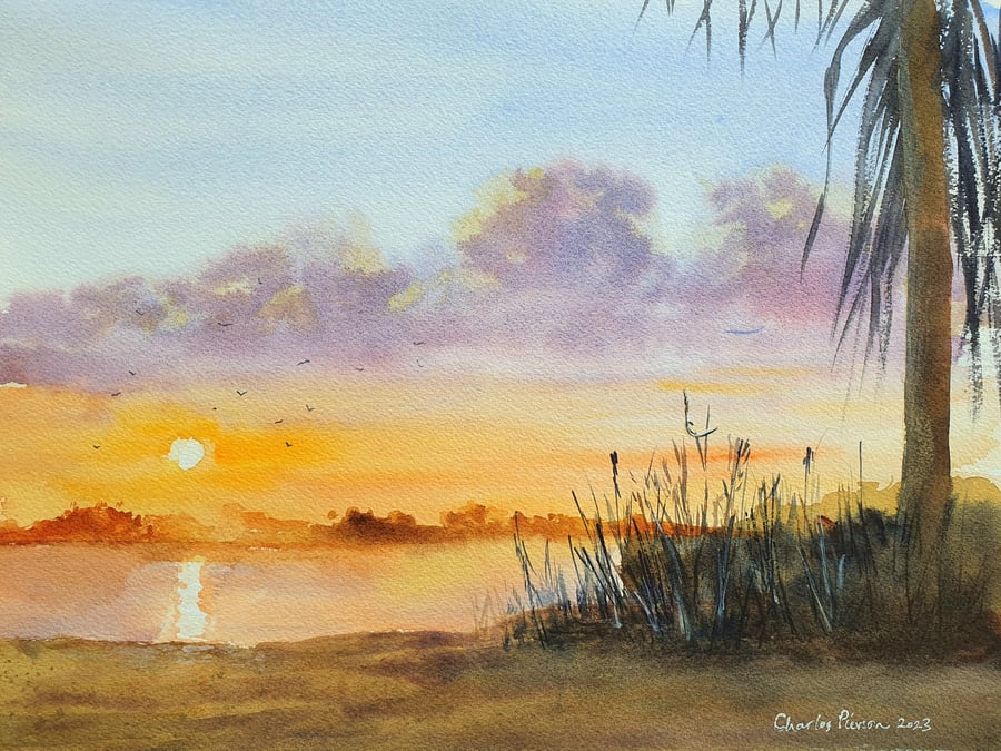 Tropical Sunset . Original Watercolour 15x11 inches (Unframed)