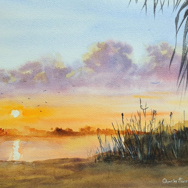 Tropical Sunset . Original Watercolour 15x11 inches (Unframed)