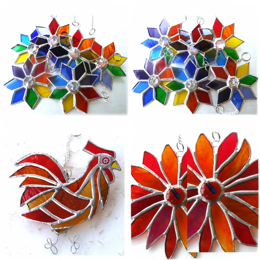 RESERVED Custom listing for 12 rainbow stars, 2 sunset flowers and a cockerel.