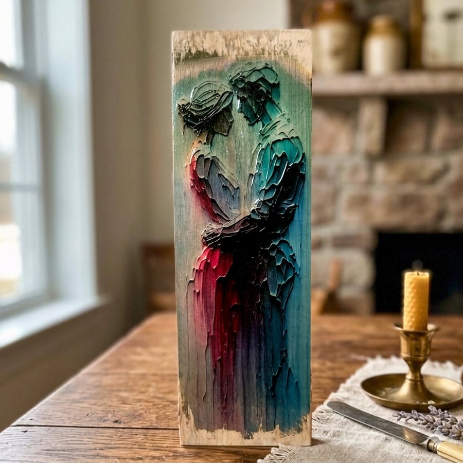 Embracing Couple, Thick Paint Art, Magenta Wall Art, Photo Transfer Art