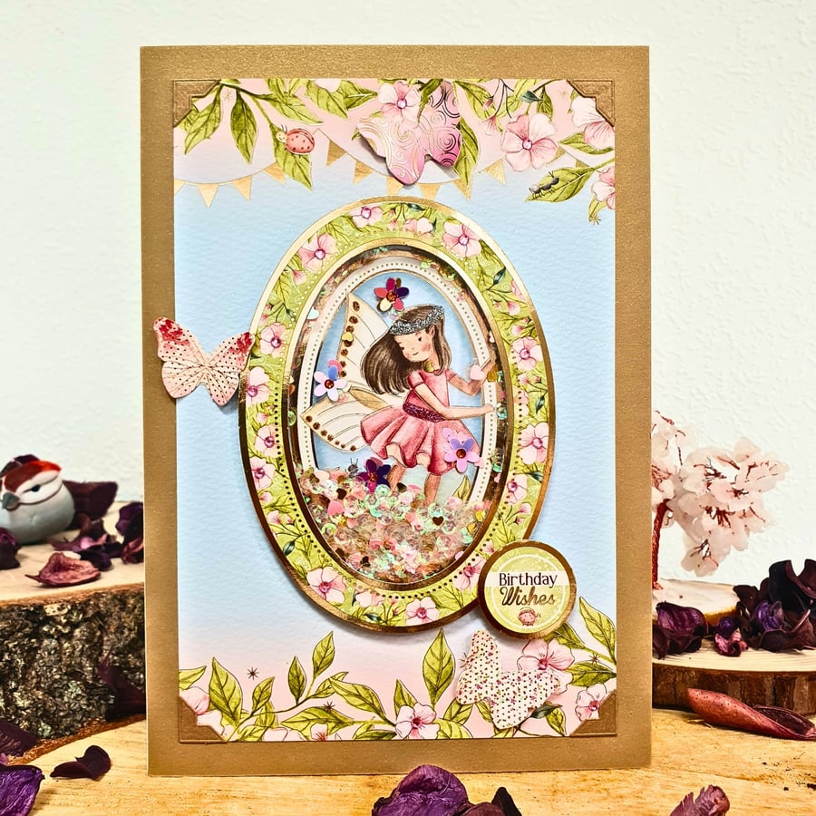 Shaker Birthday Card With Fairy & Butterflies, Birthday Wishes Card With Sequins