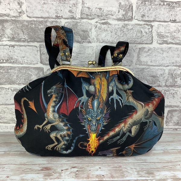 Gothic dragons large fabric frame shoulder bag, Kiss clasp, w straps