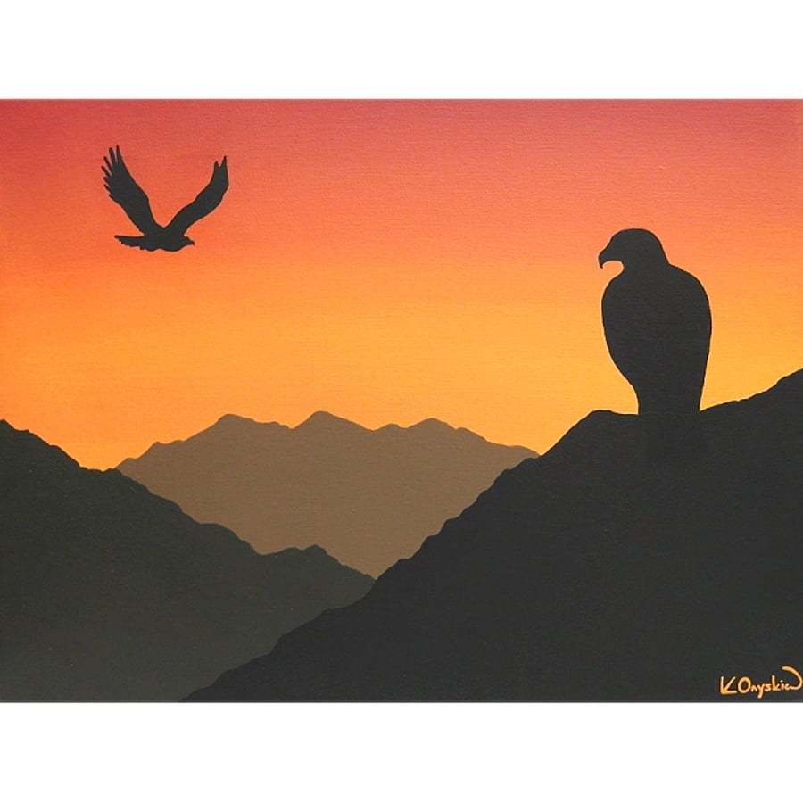 Eagles at Sunset Original Acrylic Painting - silhouette bird art with orange sky