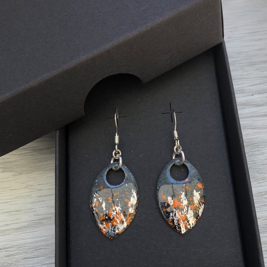Grey, orange and silver leaf enamel scale earrings. Sterling silver. 