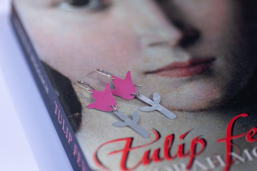 Tulip Earrings, cerise anodised aluminium