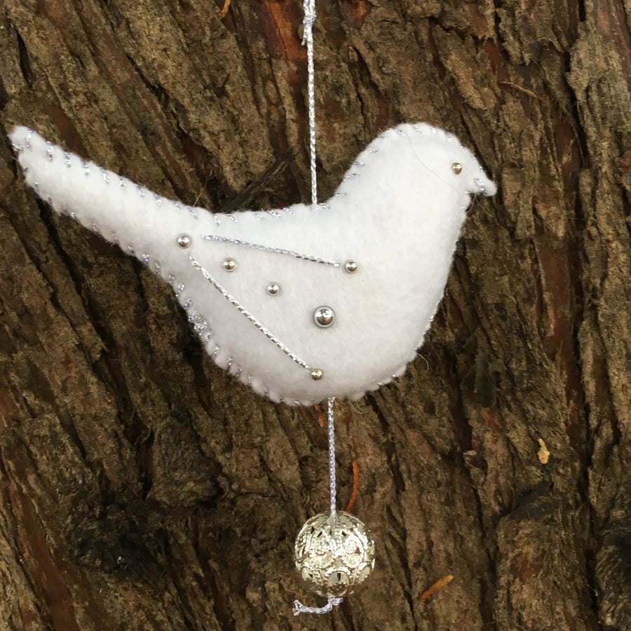 Hanging decoration, white felt bird, peace dove with silver accents