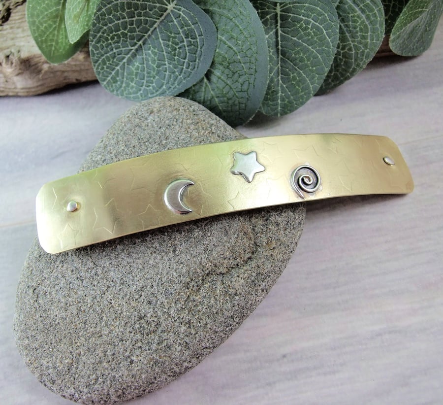 Hair Barrette, Long Brass Hair Slide with Spiral Galaxy, Moon and Stars