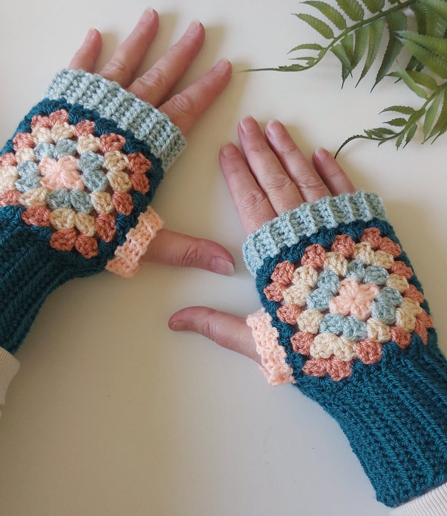 Crochet Granny Square Fingerless Mitts Wrist Warmers Teal & Peach