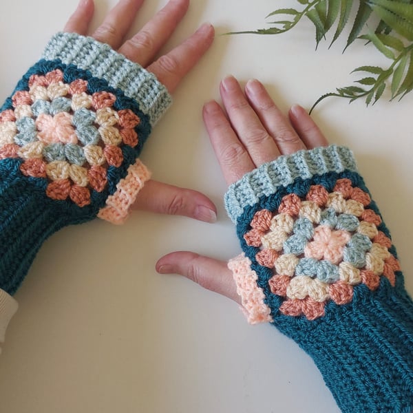 Crochet Granny Square Fingerless Mitts Wrist Warmers Teal & Peach