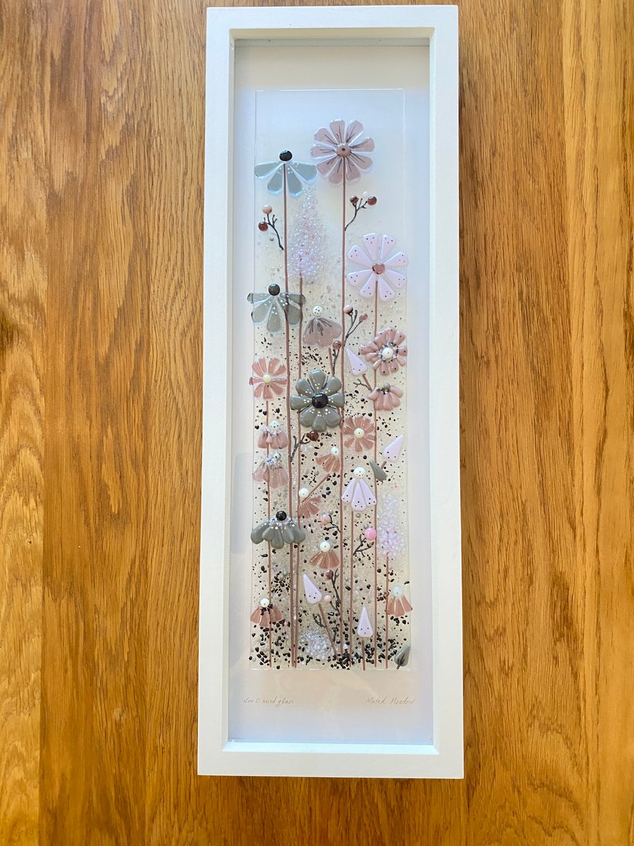 Long muted meadow - pinks- fused glass picture (MADE TO ORDER) 