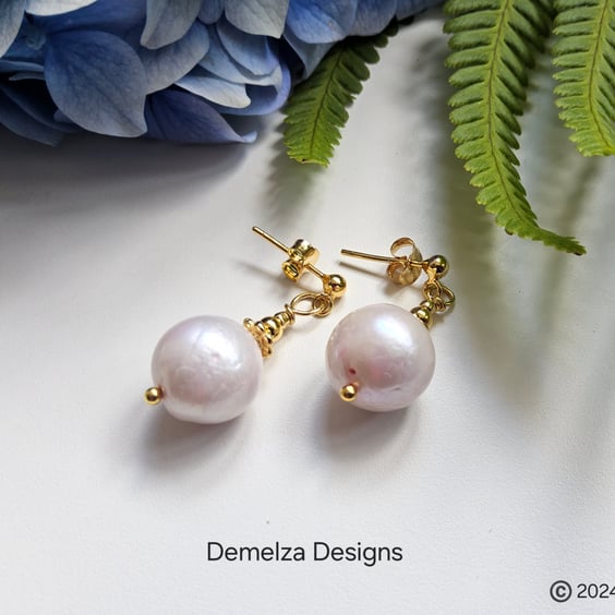 Designer 12mm Edison Natural Culture Pearl Gold Vermeil Stud Earrings Top Grade