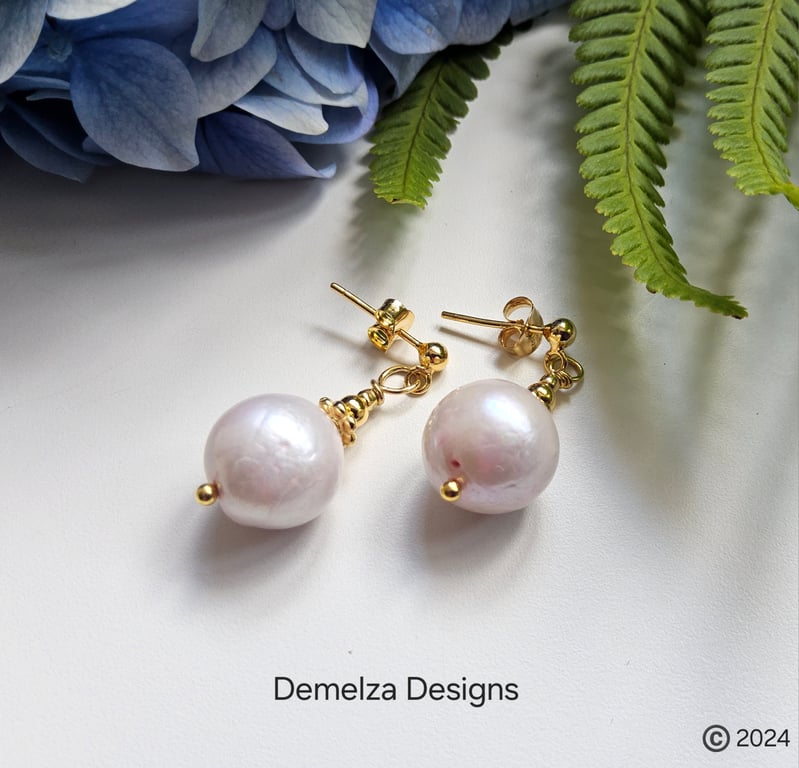 Designer Large 12mm Natural Culture Pearl Gold Vermeil Stud Earrings Top Grade