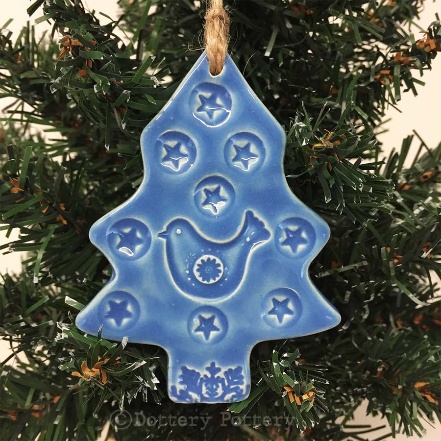 Blue Ceramic Christmas tree decoration with bird and star Pottery decoration