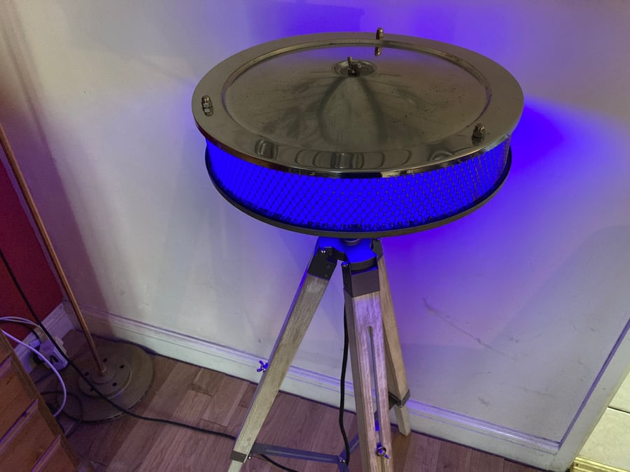 Tripod Floor Lamp, Upcycled Chevrolet Air Filter, Remote Control Colour Changing