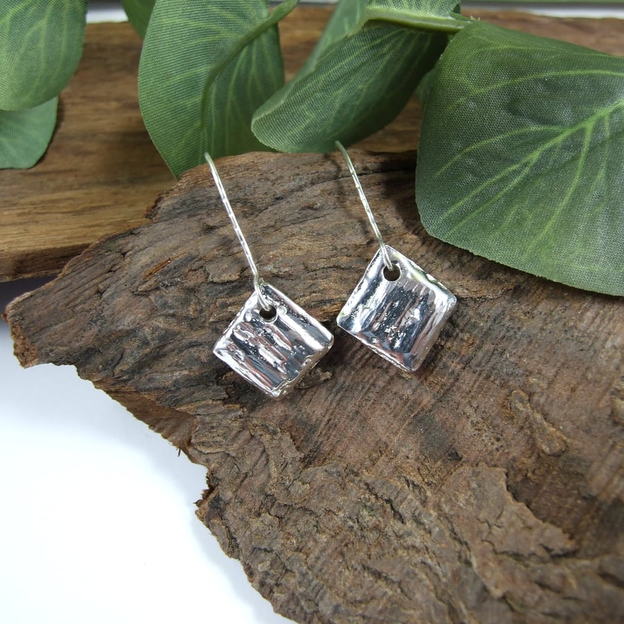Sterling Silver Square Earrings, Textured Recycled Silver Droppers