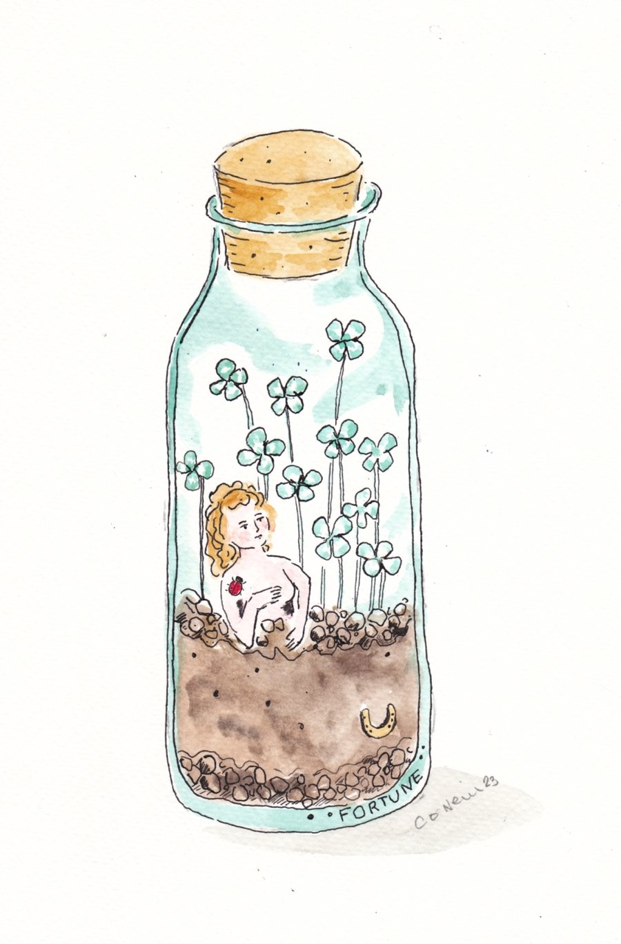 Good Fortune in a Terrarium - watercolour and ink drawing