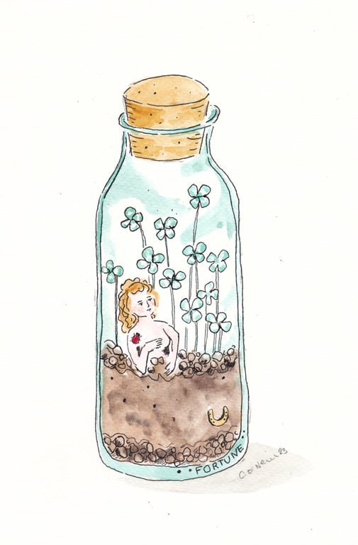 Good Fortune in a Terrarium - watercolour and ink drawing