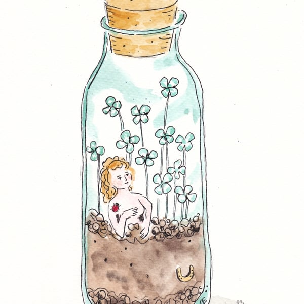 Good Fortune in a Terrarium - watercolour and ink drawing