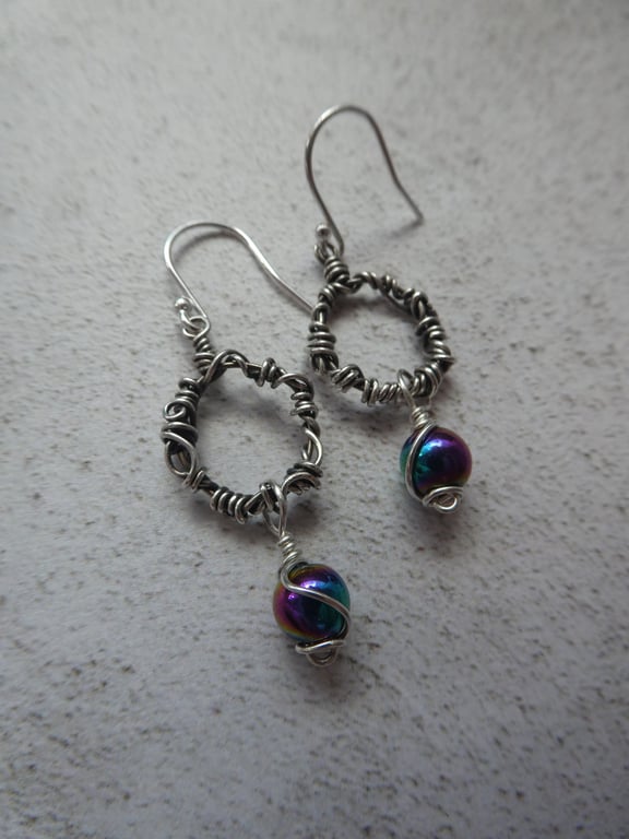 sterling silver rainbow hematite earrings, recycled silver earrings