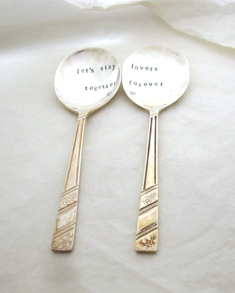 Lovers' spoon pair, matching fruit spoons, handstamped, together forever
