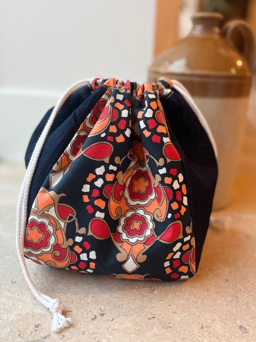Dumpling drawstring bag -  vintage cotton and dark denim 