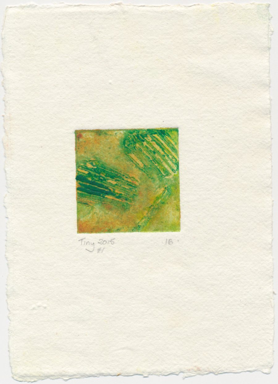 Tiny collagraph print in shades of green and ochre