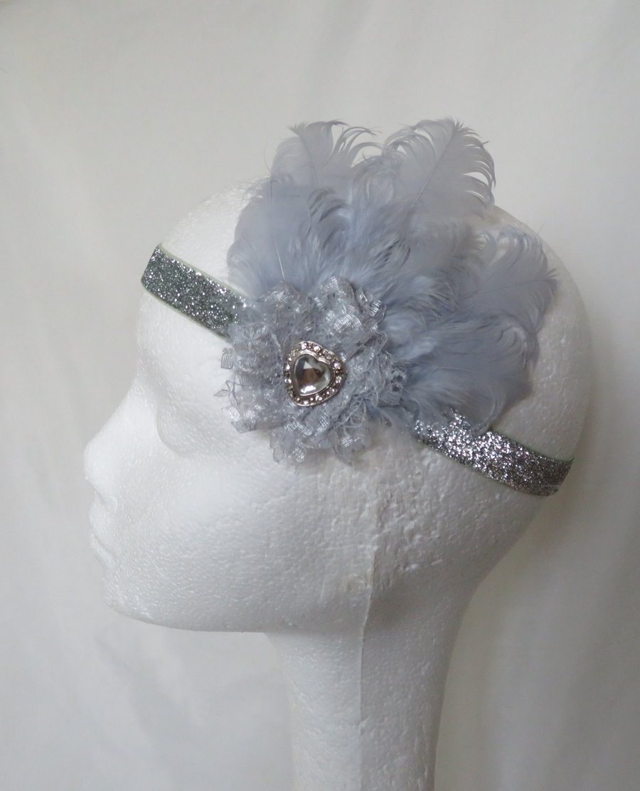 Silver Grey Feather & Diamante Glitter Vintage Art Deco Style Flapper Headband