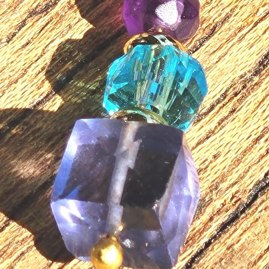 Rare Iolite, Neon Apatite and Amethyst combined in Luxury Earrings. Handmade.