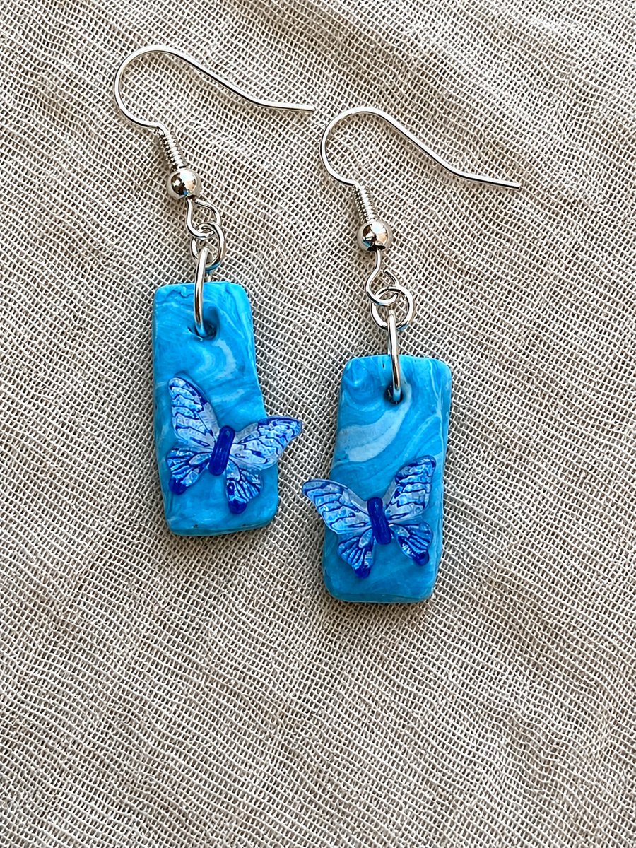 Handmade Blue Butterfly Marbled Polymer Clay Dangly Earrings
