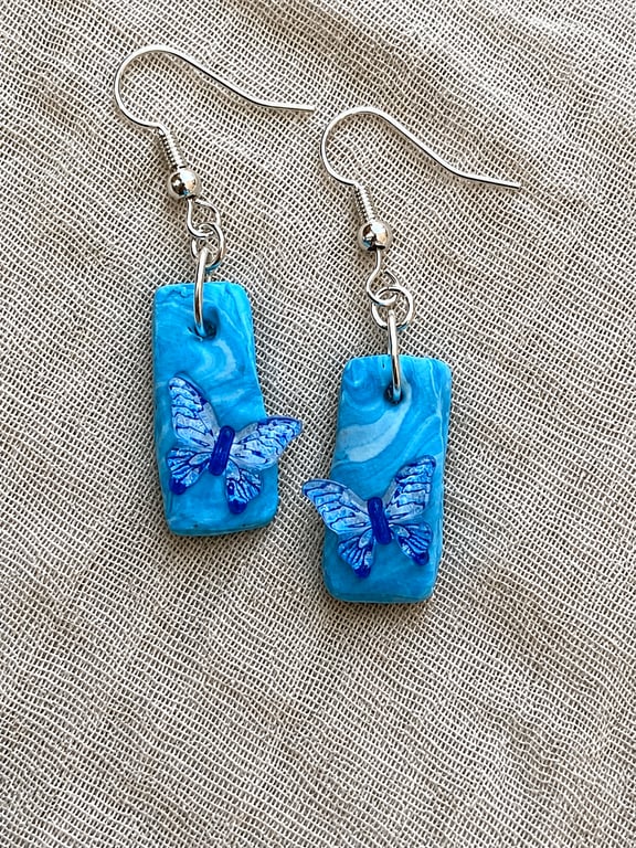 Handmade Blue Butterfly Marbled Polymer Clay Dangly Earrings