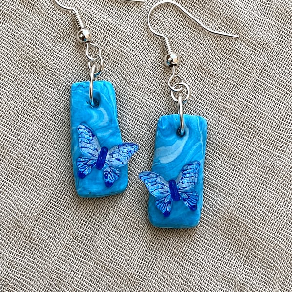 Handmade Blue Butterfly Marbled Polymer Clay Dangly Earrings