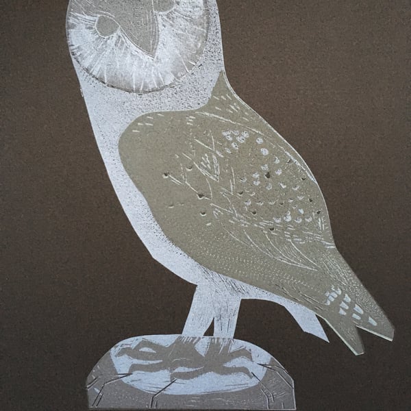 Night Barn Owl - lino cut