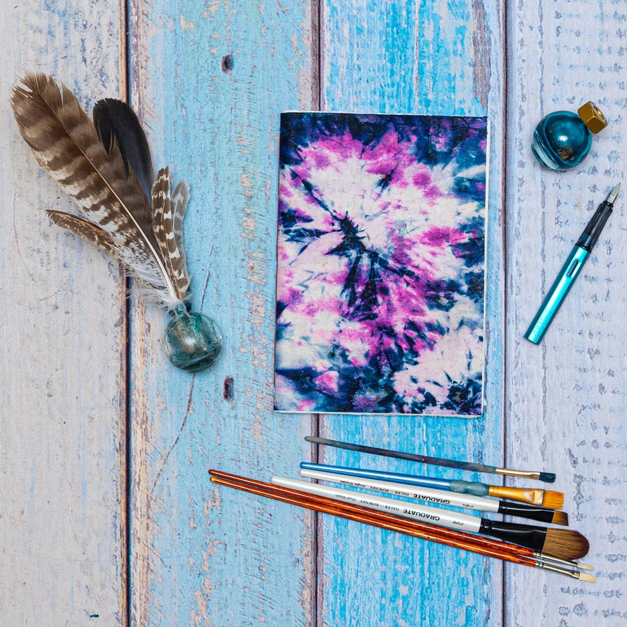 A5 Artists’ Sketchbook, Tea Bag Paper and a Burst of Pink Tie-Dyed Cyanotype 106