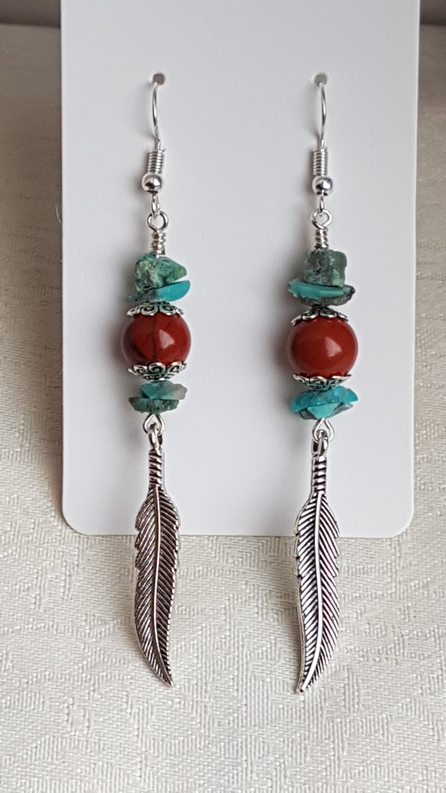 Gorgeous Dangly Red Jasper and Turquoise Feather Earrings.