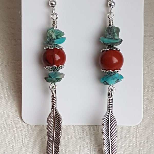 Gorgeous Dangly Red Jasper and Turquoise Feather Earrings.