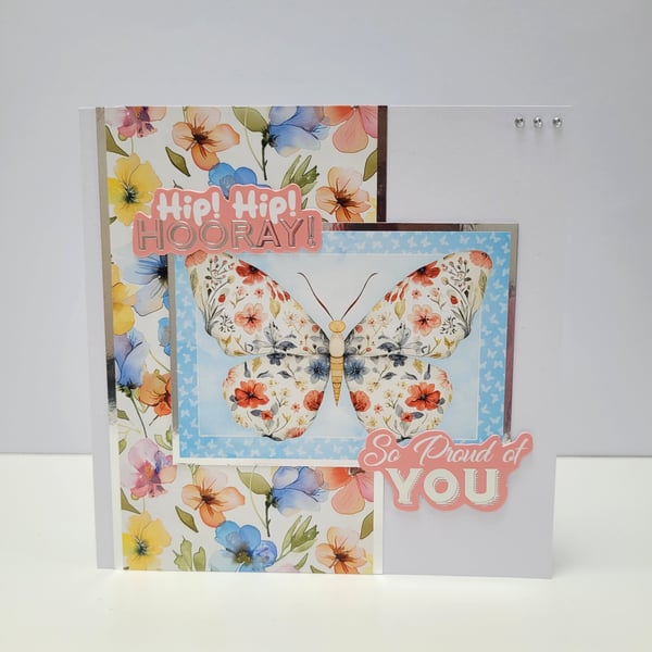 Congratulations Card - Butterfly Floral Design - Hip Hip Hooray So Proud of You