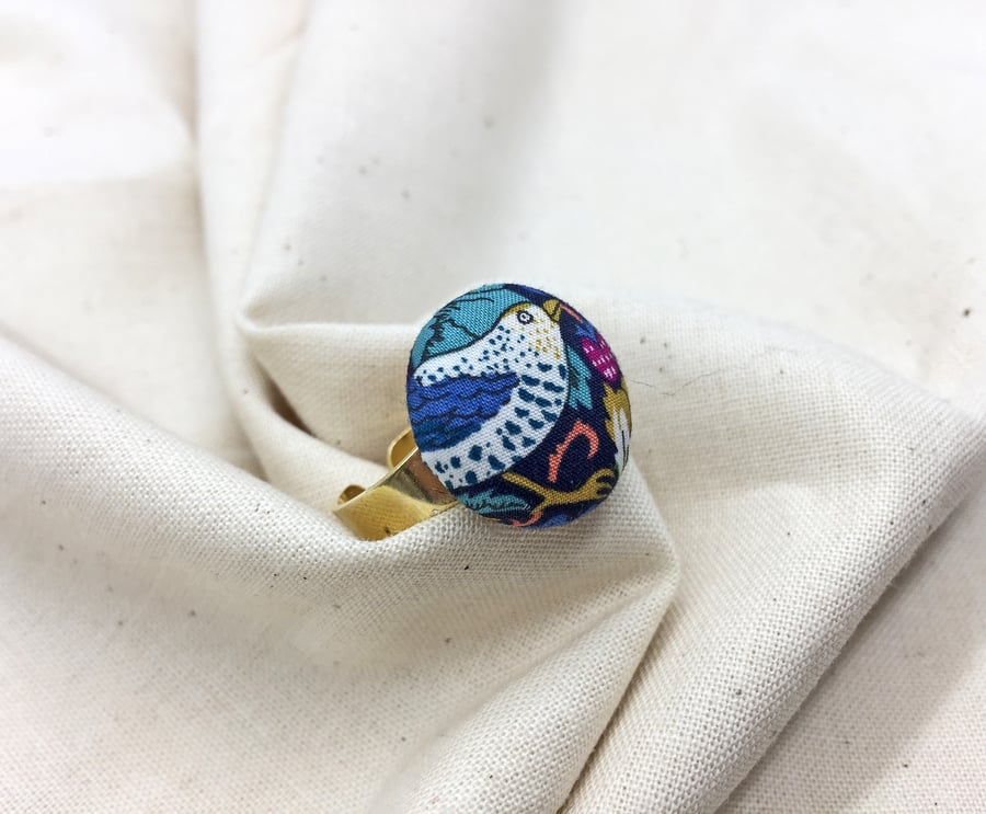 Liberty print Bird & strawberry fabric button adjustable ring William Morris