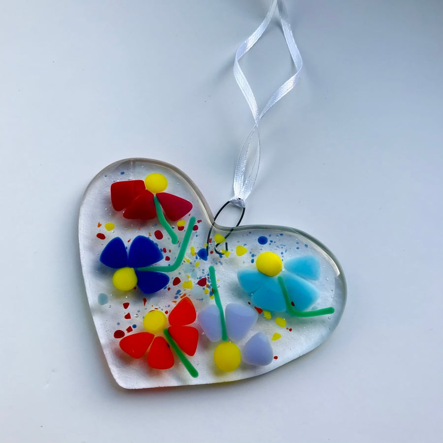 Colourful fused glass heart, Perfect for Mother's Day, flowers