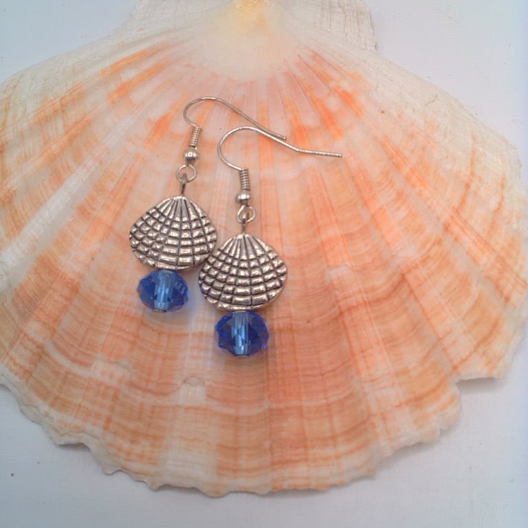 Silver Clam Shell and Blue Crystal Earrings, Gift for Her, Shell Charm Earrings