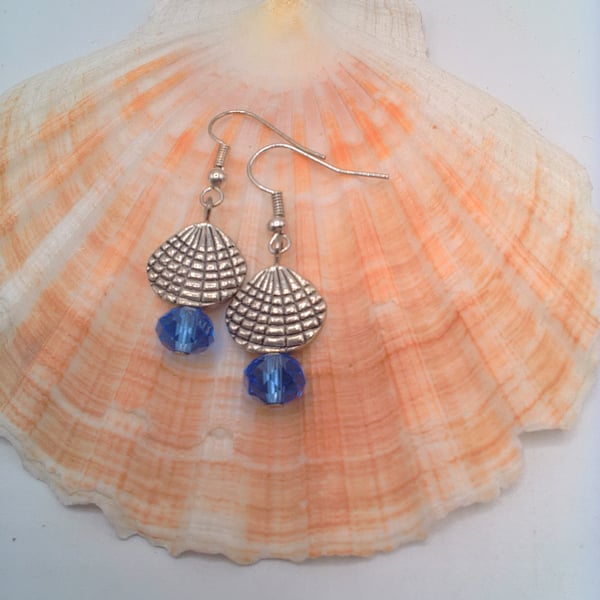 Silver Clam Shell and Blue Crystal Earrings, Gift for Her, Shell Charm Earrings