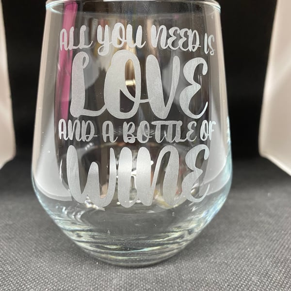 Hand Etched Glass, All You Need Is Love and a Bottle of Wine