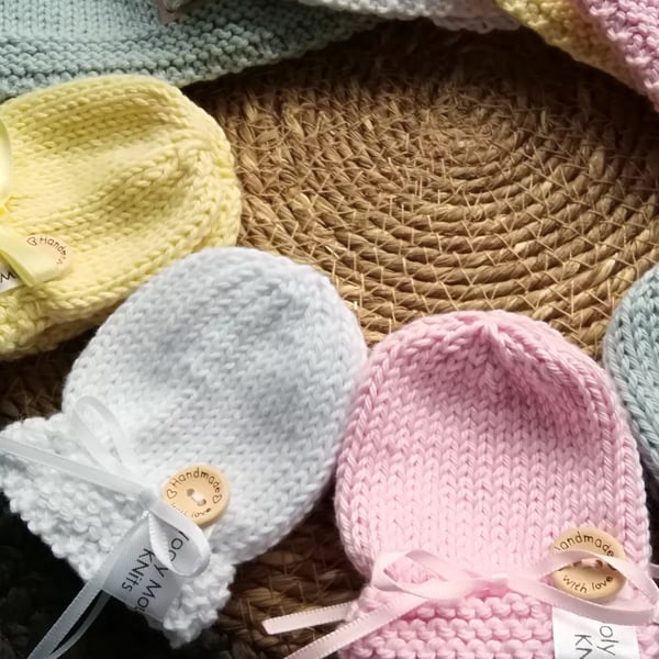 Hand knitted baby scratch mitts