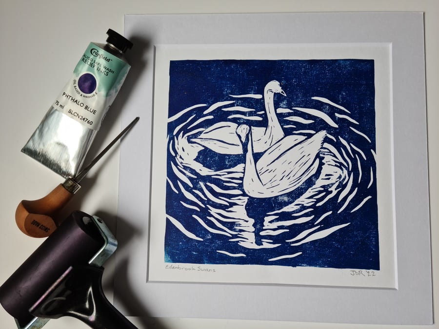 FREE POSTAGE Blue swan linocut print mounted