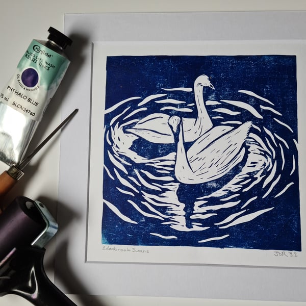 FREE POSTAGE Blue swan linocut print mounted