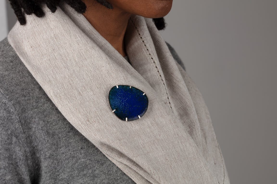 Shades of Blue Enamel and Silver Brooch
