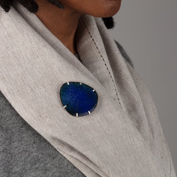 Shades of Blue Enamel and Silver Brooch