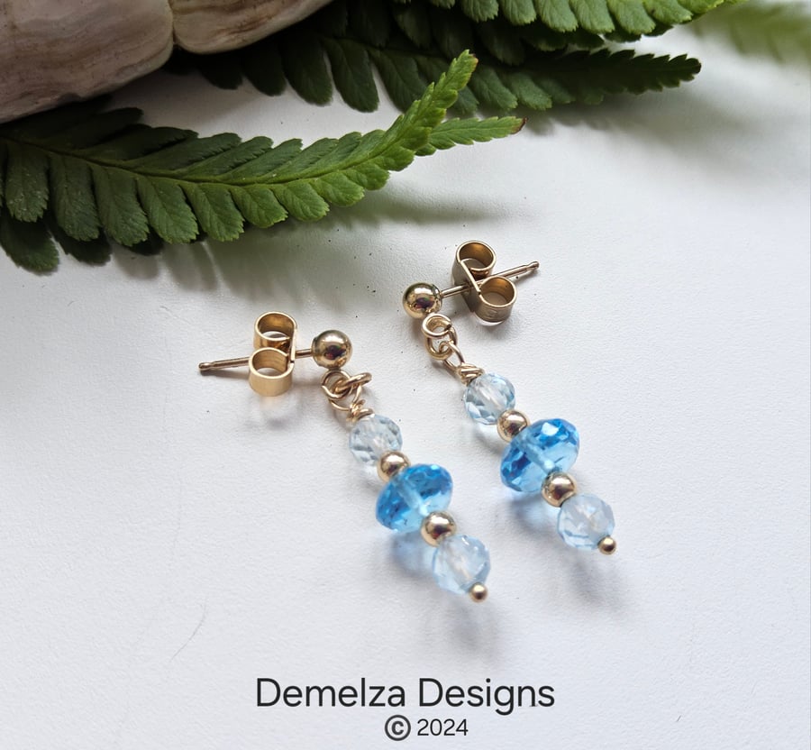 Designer Solid 9k Gold Topaz Stud Earrings 